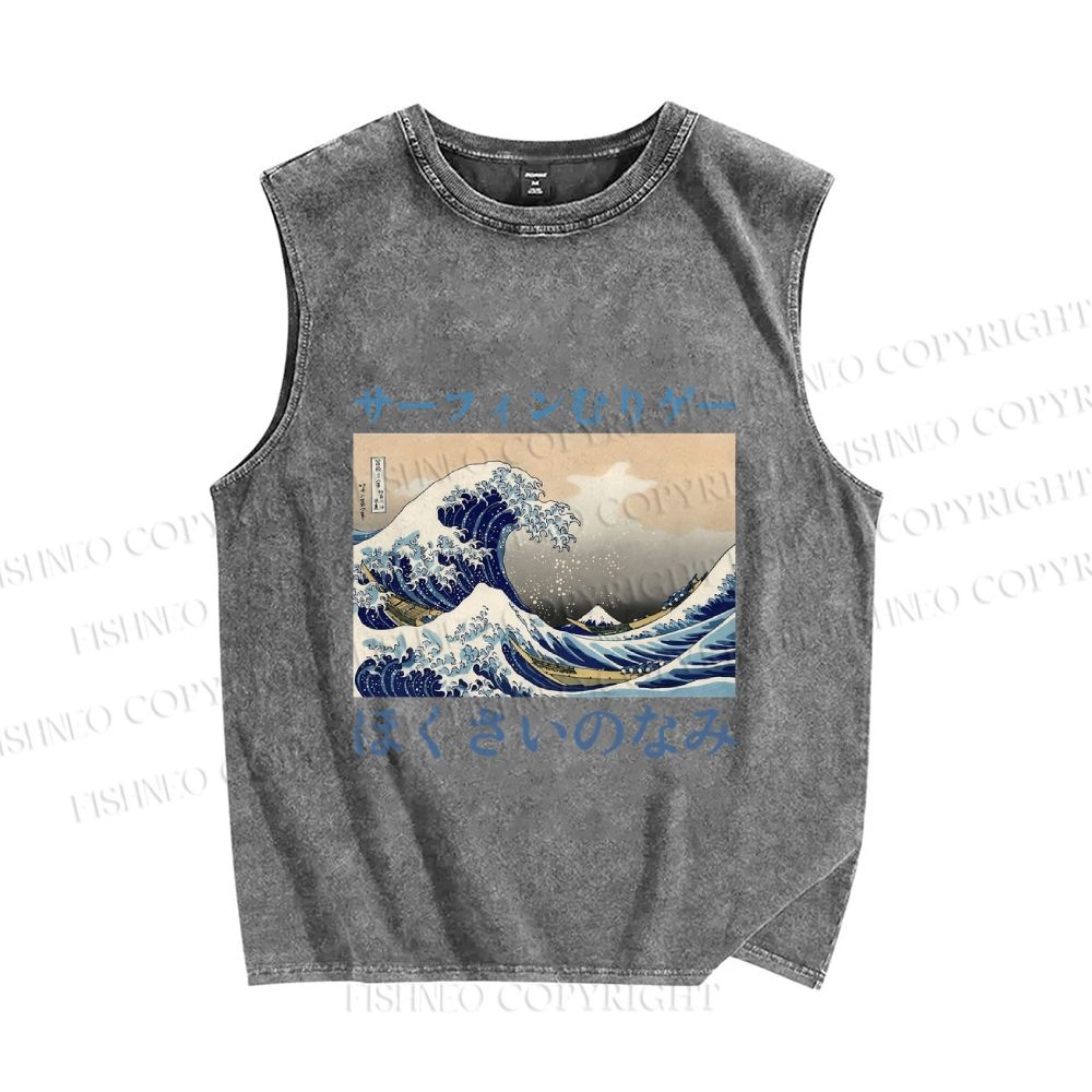 Unisex Japanese Ukiyo-e Sea Wave Printed Washed Tank Top