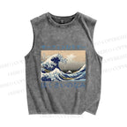 Unisex Japanese Ukiyo-e Sea Wave Printed Washed Tank Top