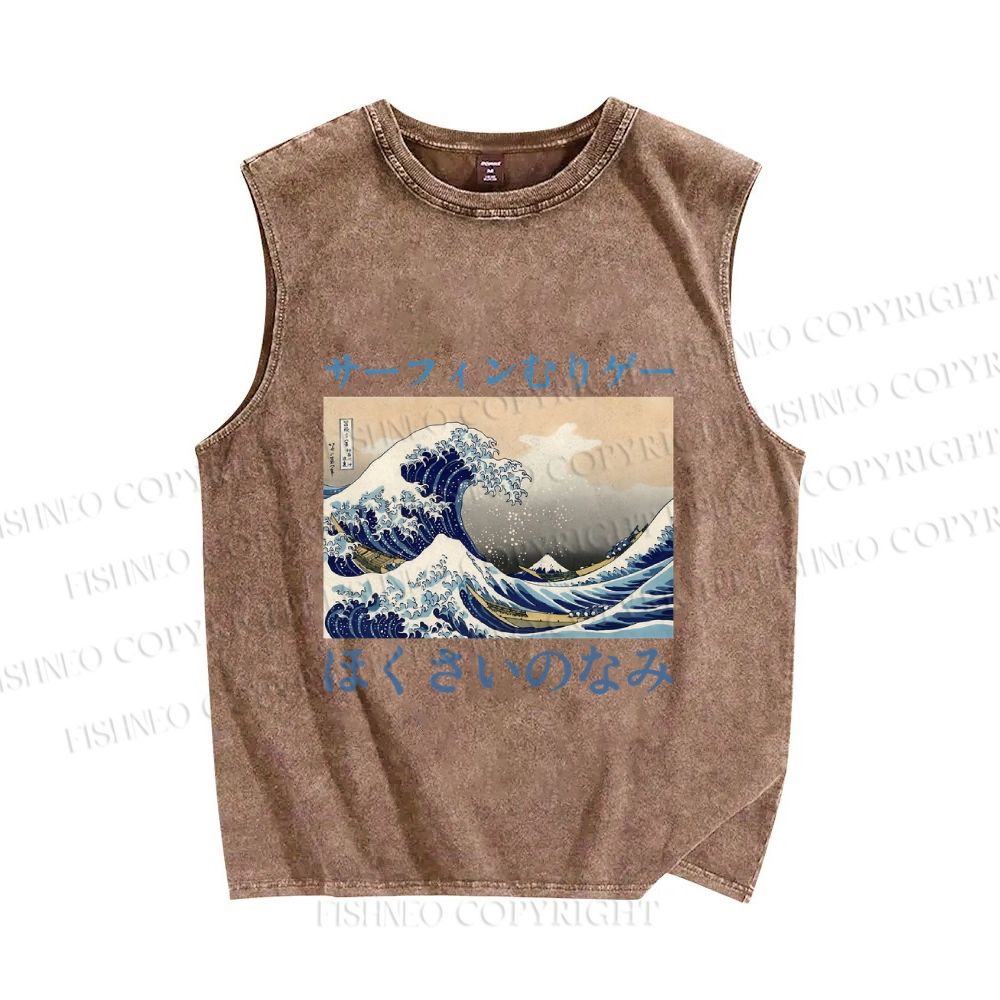 Unisex Japanese Ukiyo-e Sea Wave Printed Washed Tank Top
