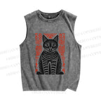 Unisex Vintage Black Cat Totem Printed Washed Tank Top