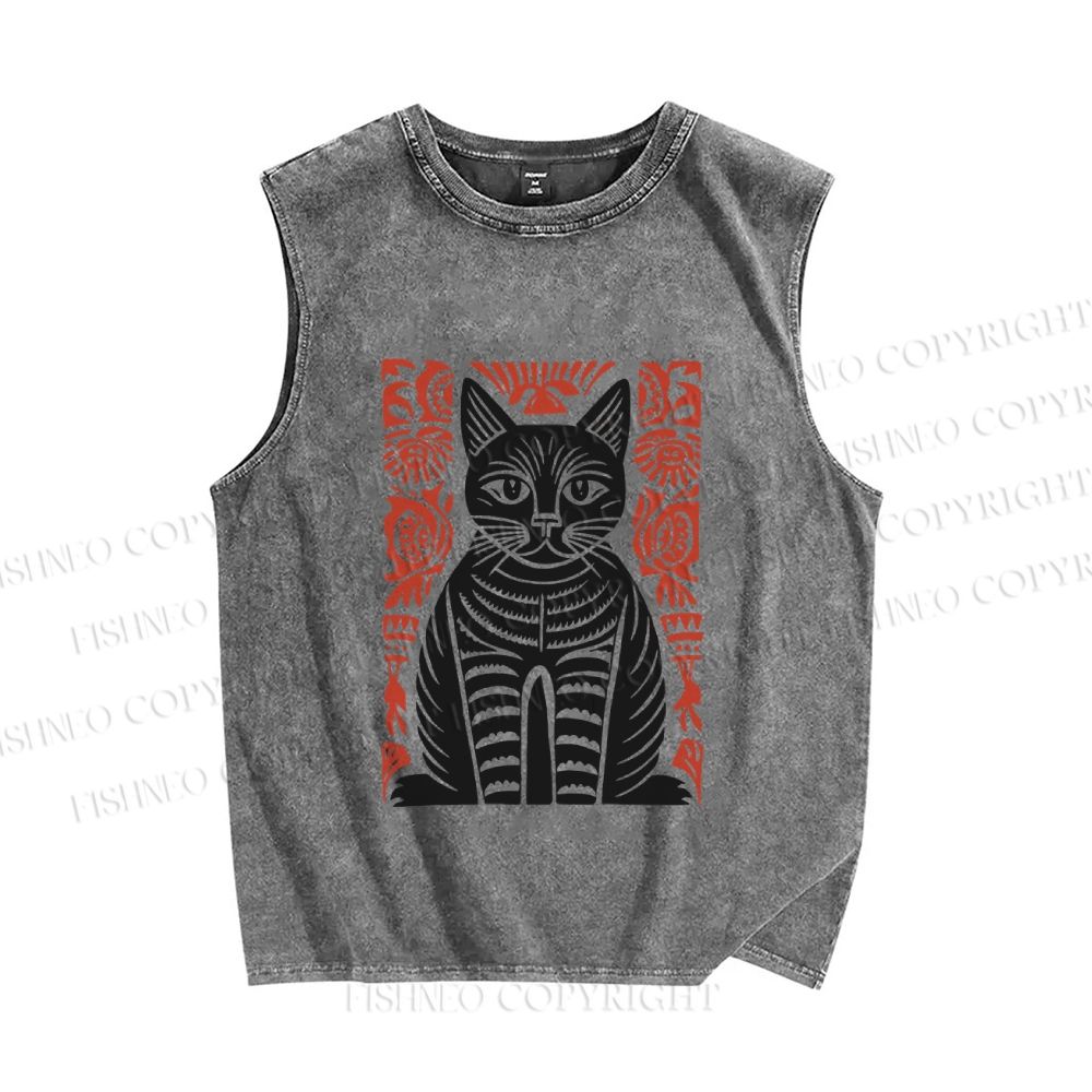 Unisex Vintage Black Cat Totem Printed Washed Tank Top