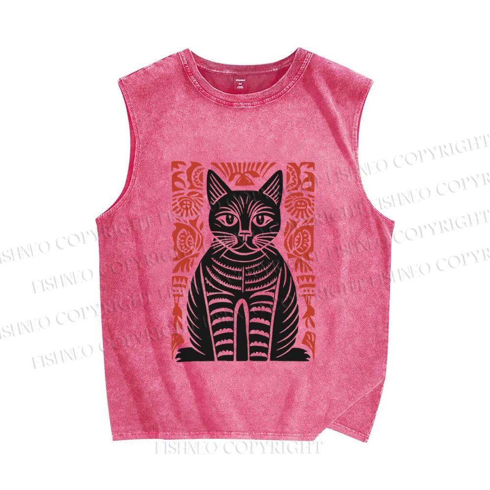 Unisex Vintage Black Cat Totem Printed Washed Tank Top