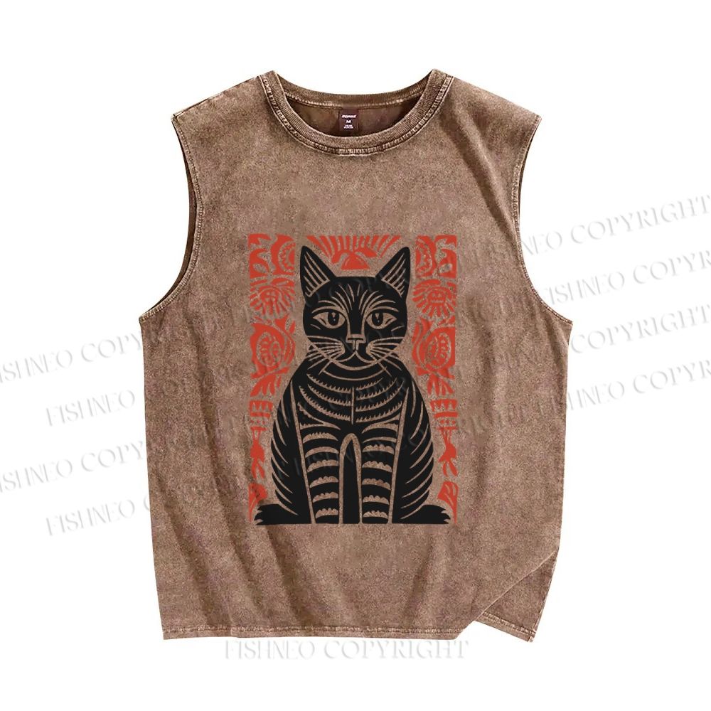 Unisex Vintage Black Cat Totem Printed Washed Tank Top