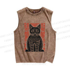 Unisex Vintage Black Cat Totem Printed Washed Tank Top