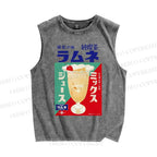 Unisex Japanese Drink Graffiti Printed Washed Tank Top