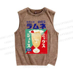 Unisex Japanese Drink Graffiti Printed Washed Tank Top