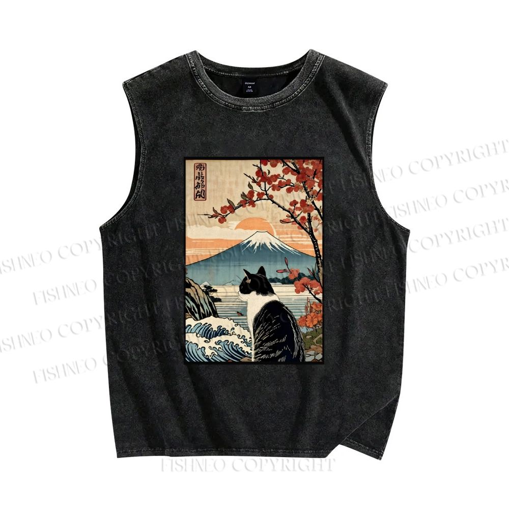 Unisex Vintage Japanese Art Cat Printed Washed Tank Top