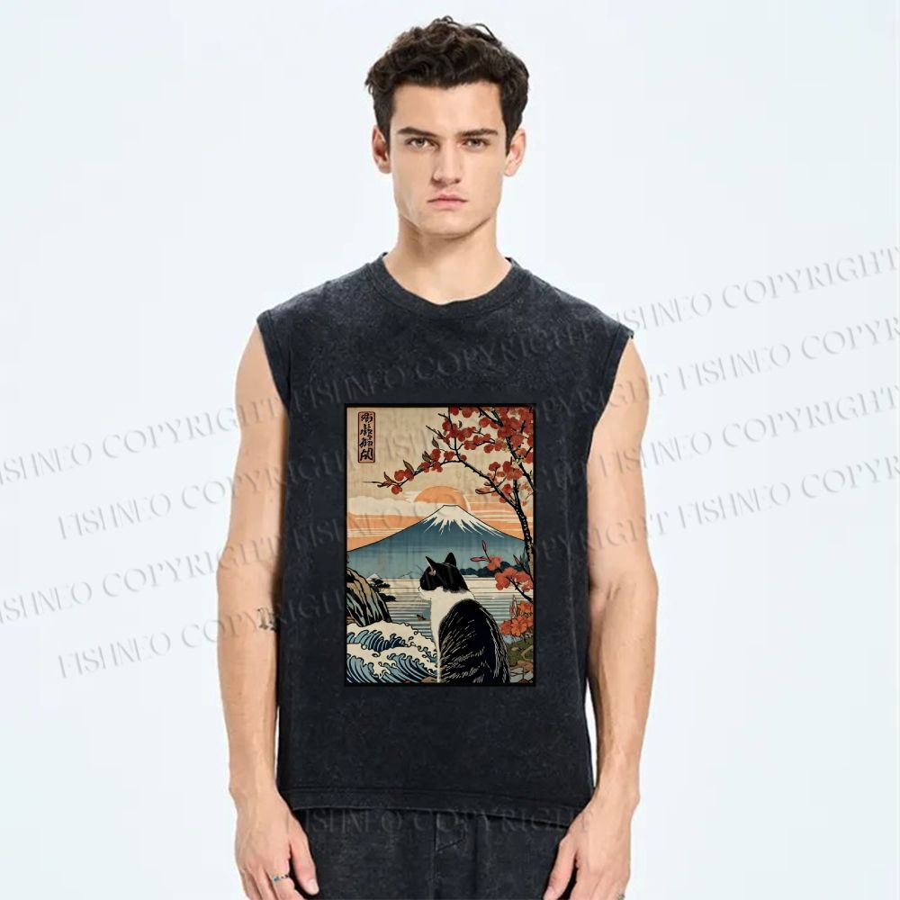 Unisex Vintage Japanese Art Cat Printed Washed Tank Top