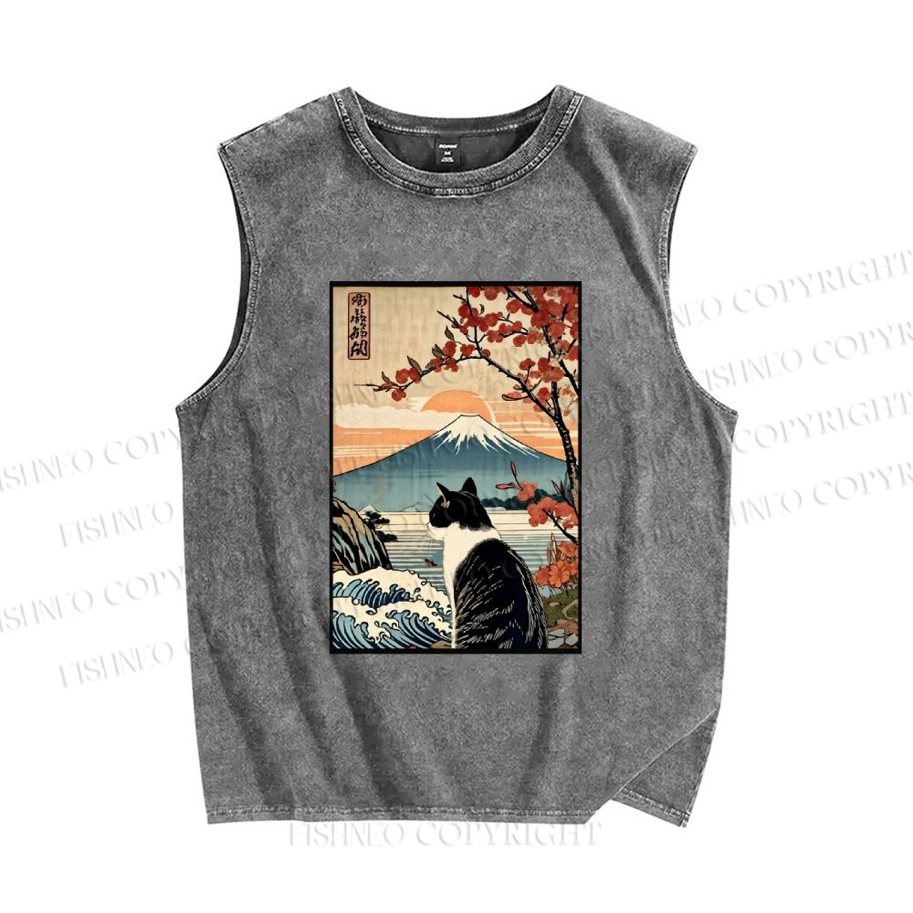 Unisex Vintage Japanese Art Cat Printed Washed Tank Top