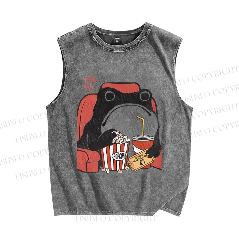 Unisex Vintage Popcorn Cola Frog Printed Washed Tank Top