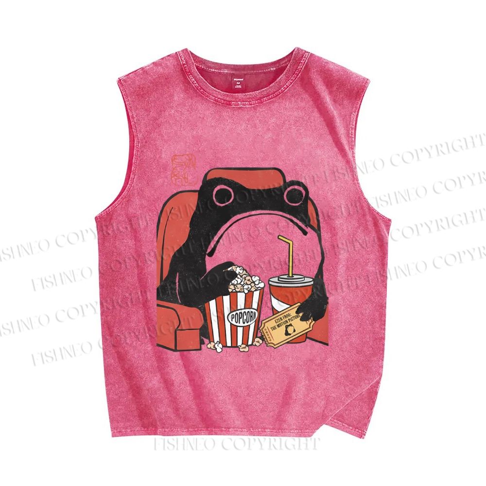 Unisex Vintage Popcorn Cola Frog Printed Washed Tank Top