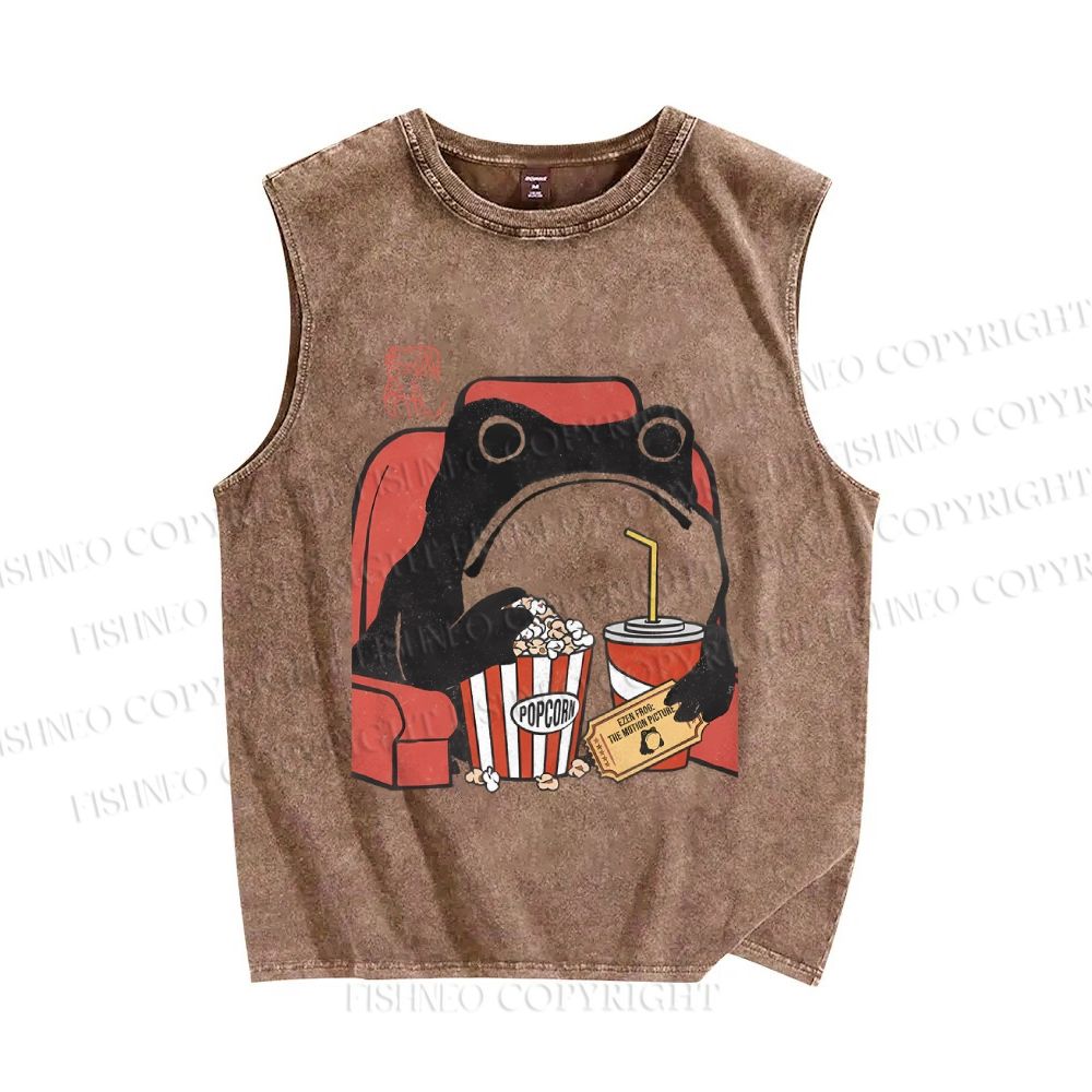 Unisex Vintage Popcorn Cola Frog Printed Washed Tank Top