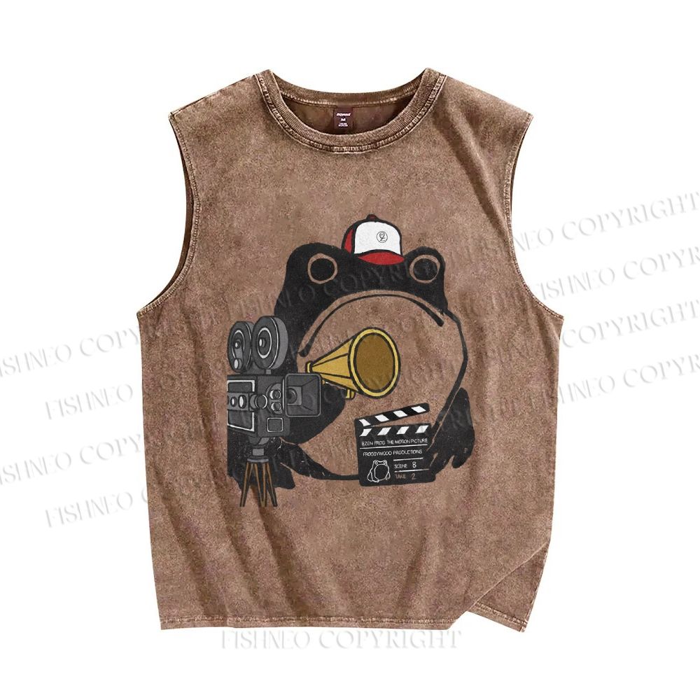 Unisex Vintage Director Frog Printed Washed Tank Top