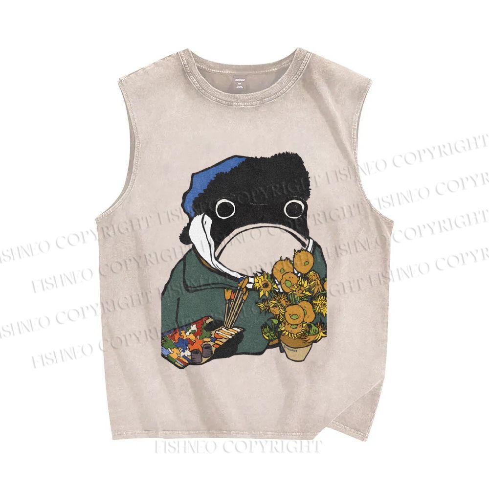 Unisex Artist Van Gogh Frog Printed Washed Tank Top