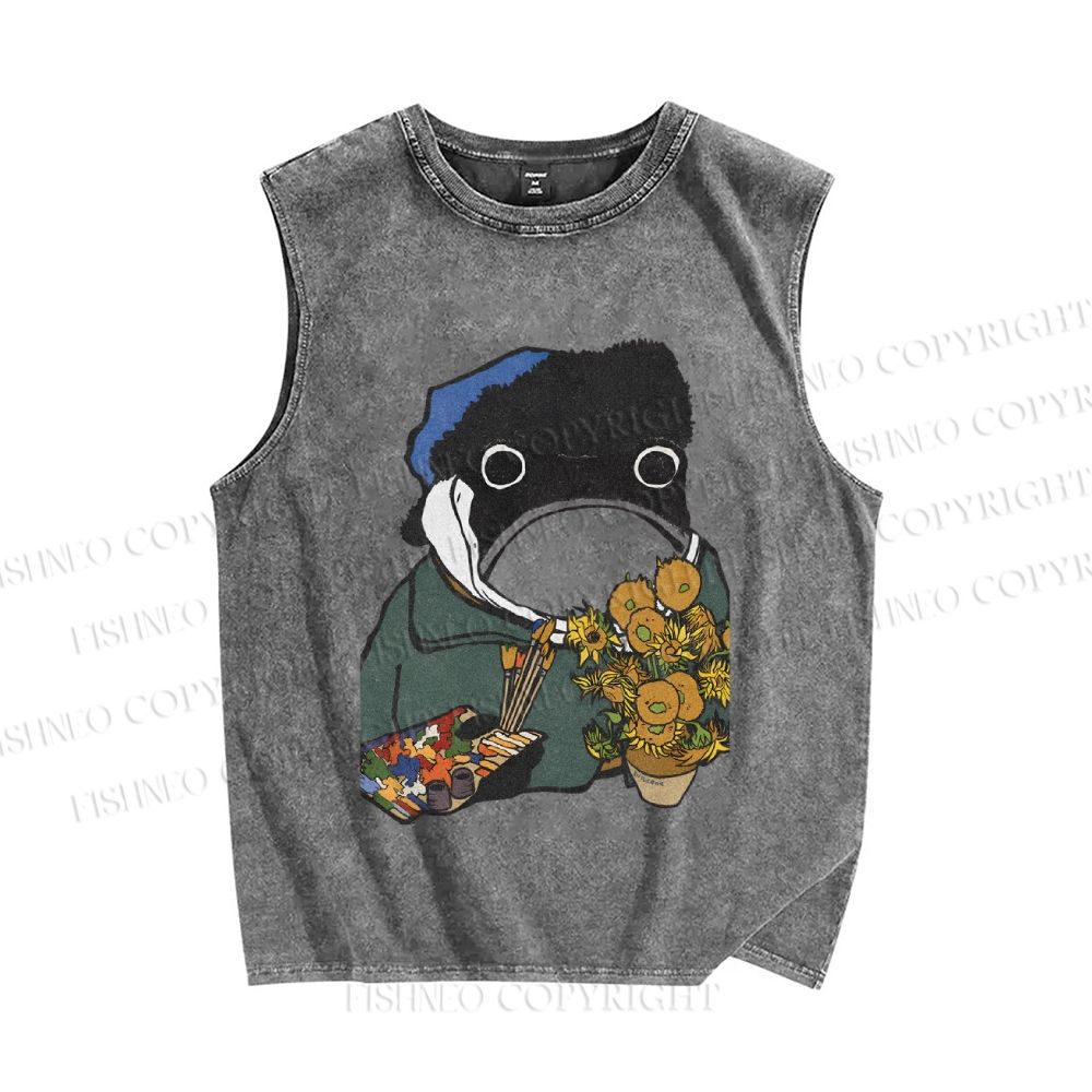 Unisex Artist Van Gogh Frog Printed Washed Tank Top