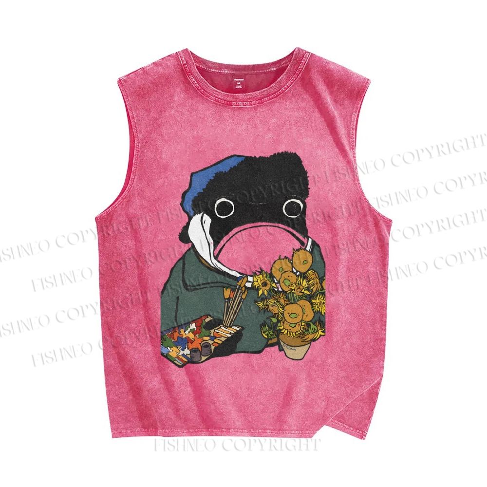 Unisex Artist Van Gogh Frog Printed Washed Tank Top