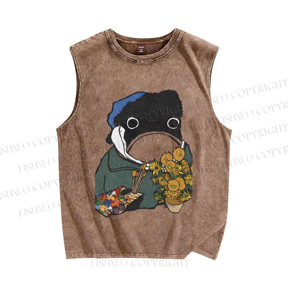 Unisex Artist Van Gogh Frog Printed Washed Tank Top