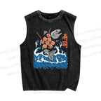 Unisex Waves Fish Sushi Printed Washed Tank Top