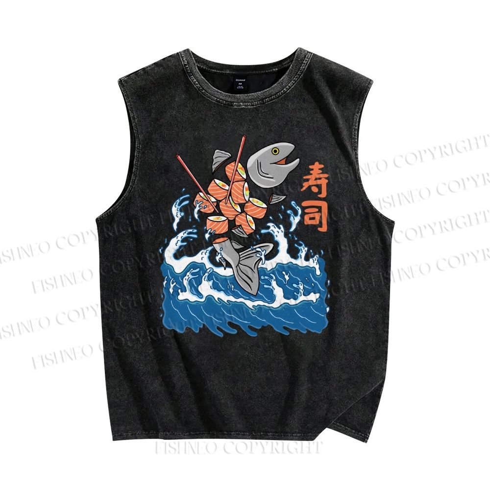 Unisex Waves Fish Sushi Printed Washed Tank Top