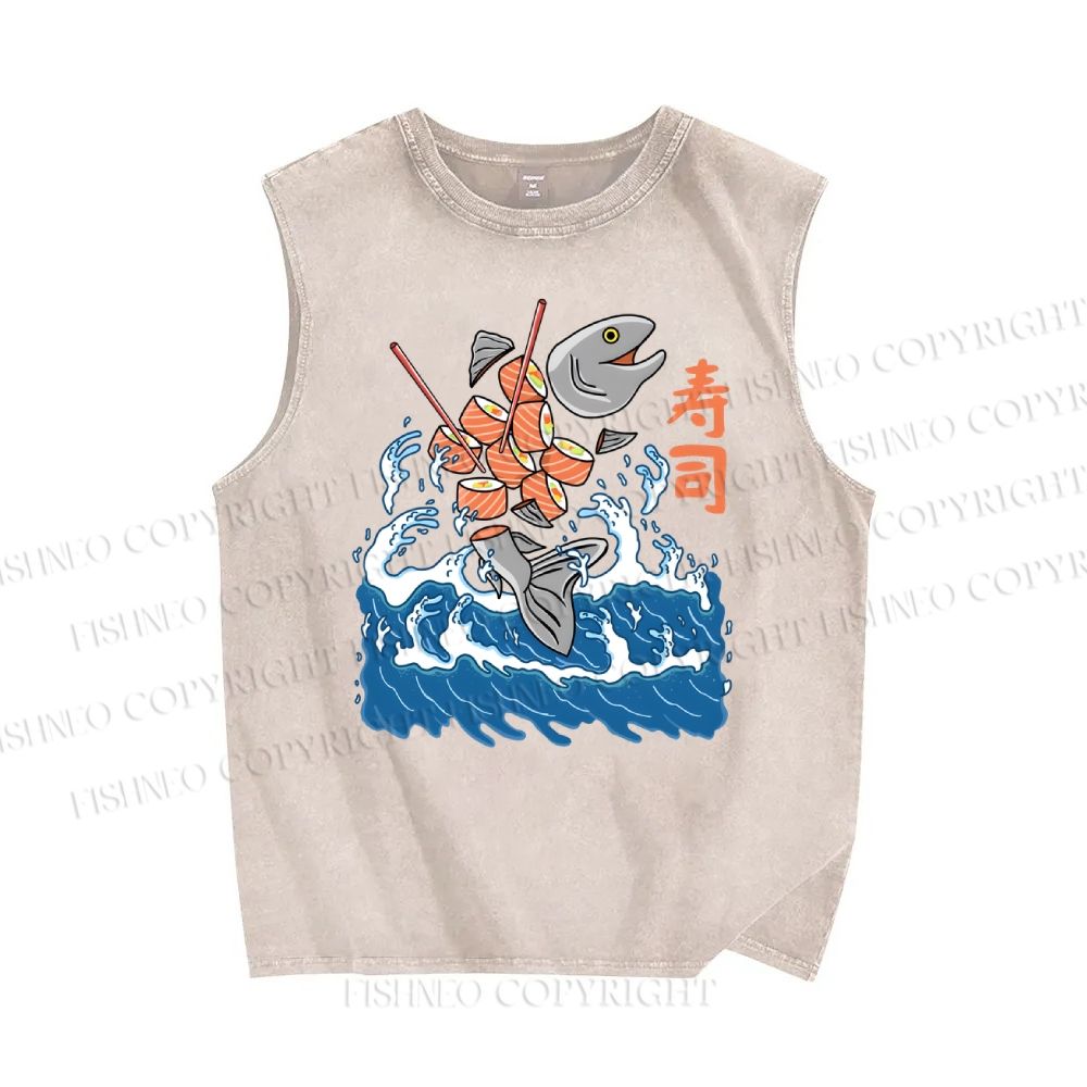 Unisex Waves Fish Sushi Printed Washed Tank Top