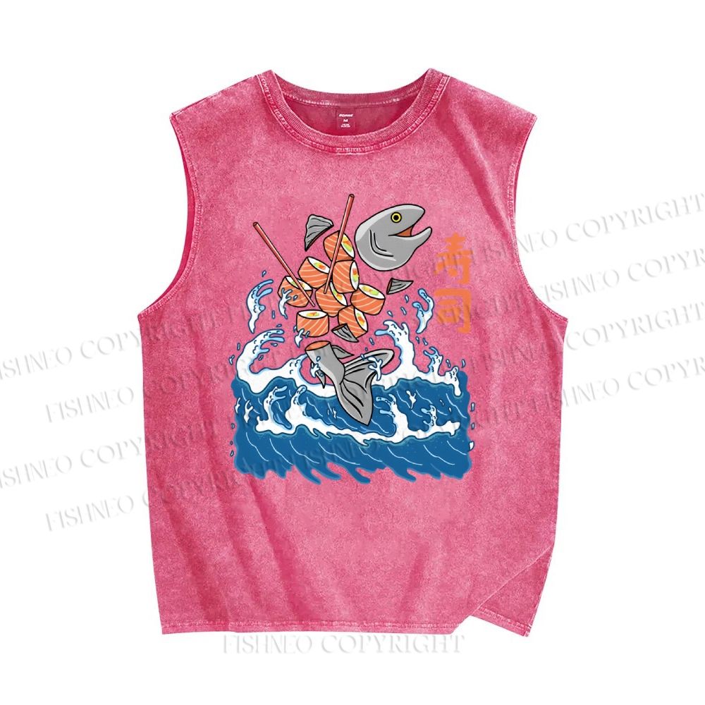 Unisex Waves Fish Sushi Printed Washed Tank Top
