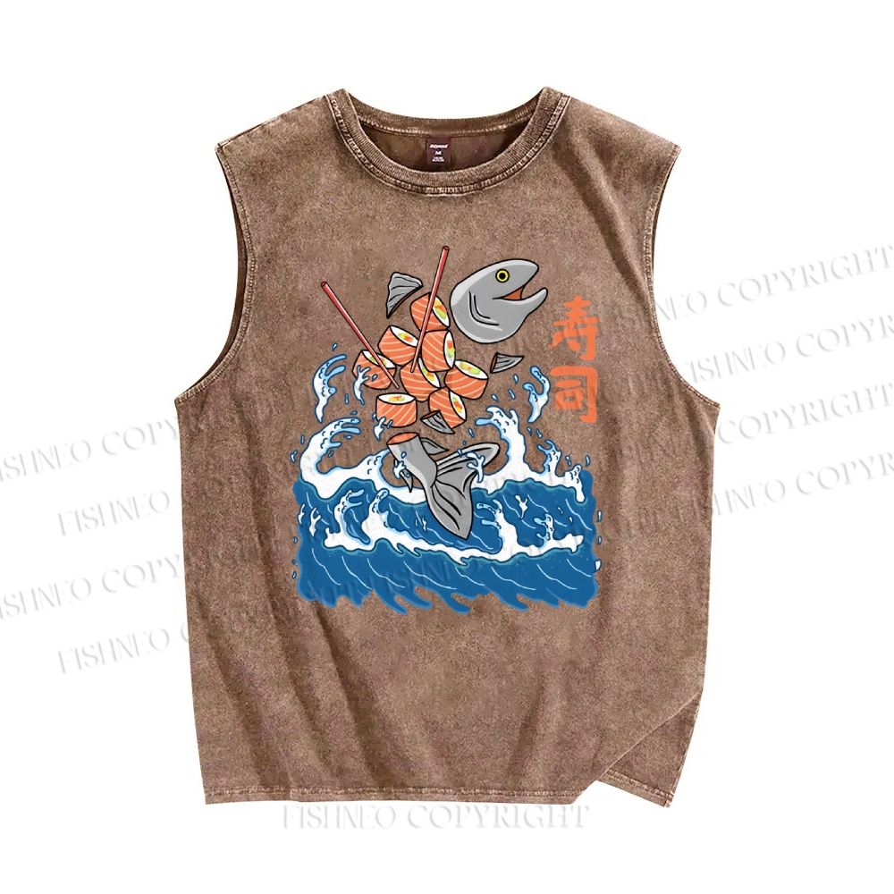 Unisex Waves Fish Sushi Printed Washed Tank Top
