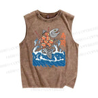 Unisex Waves Fish Sushi Printed Washed Tank Top