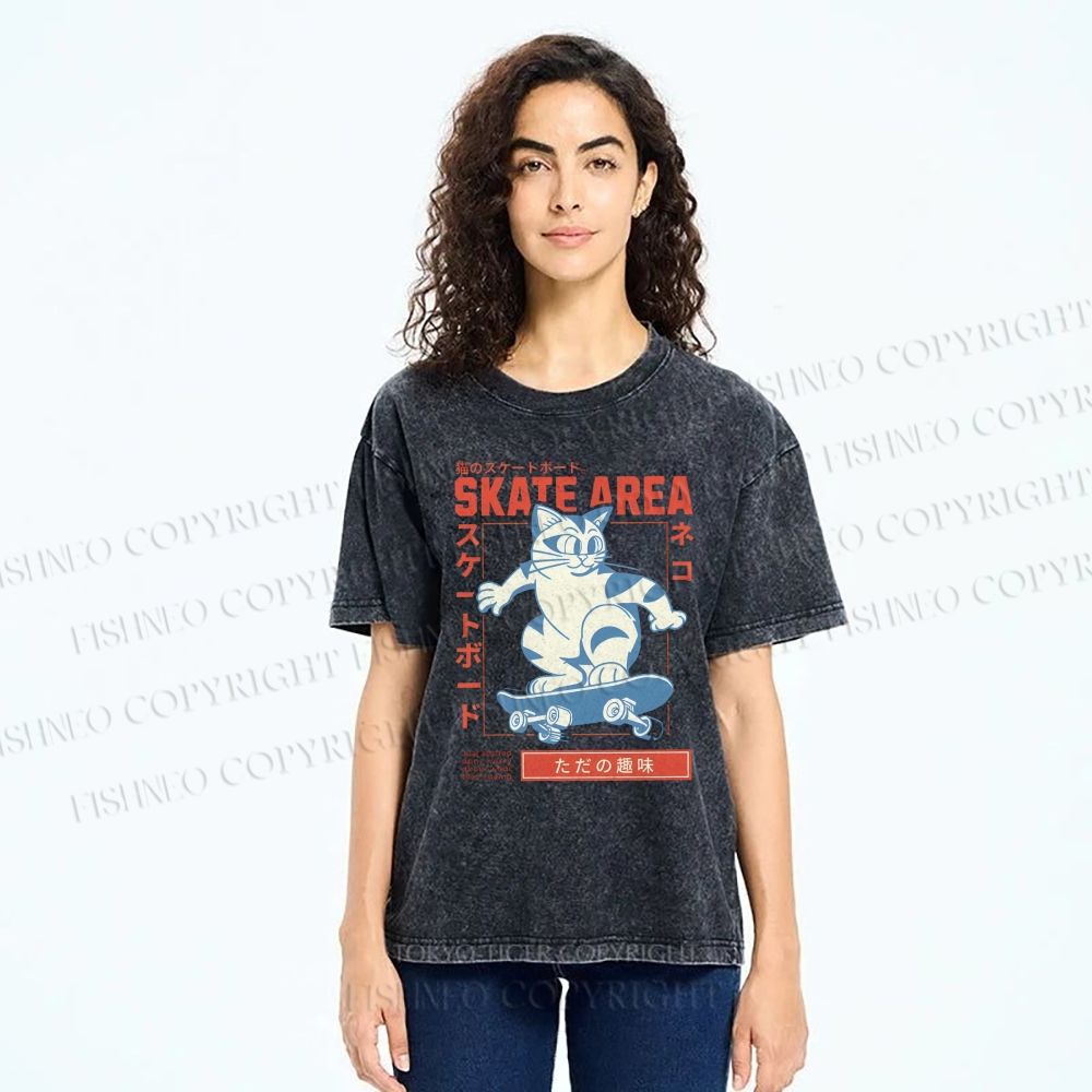Unisex Skateboard Cat Printed Washed Tee