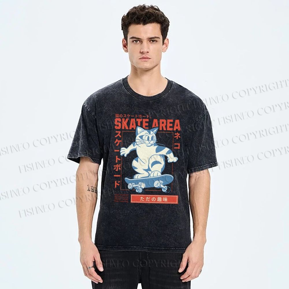 Unisex Skateboard Cat Printed Washed Tee