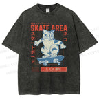Unisex Skateboard Cat Printed Washed Tee