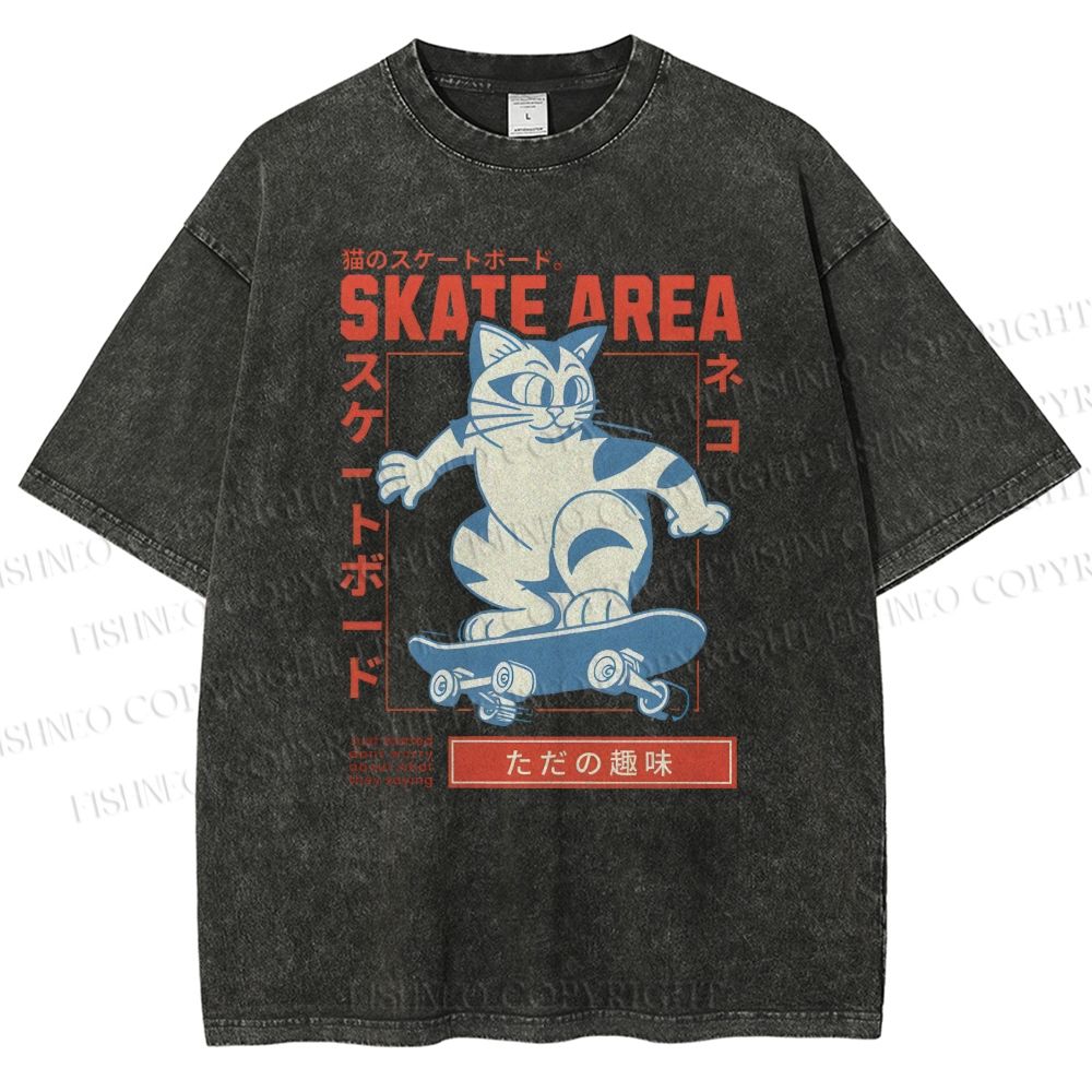 Unisex Skateboard Cat Printed Washed Tee