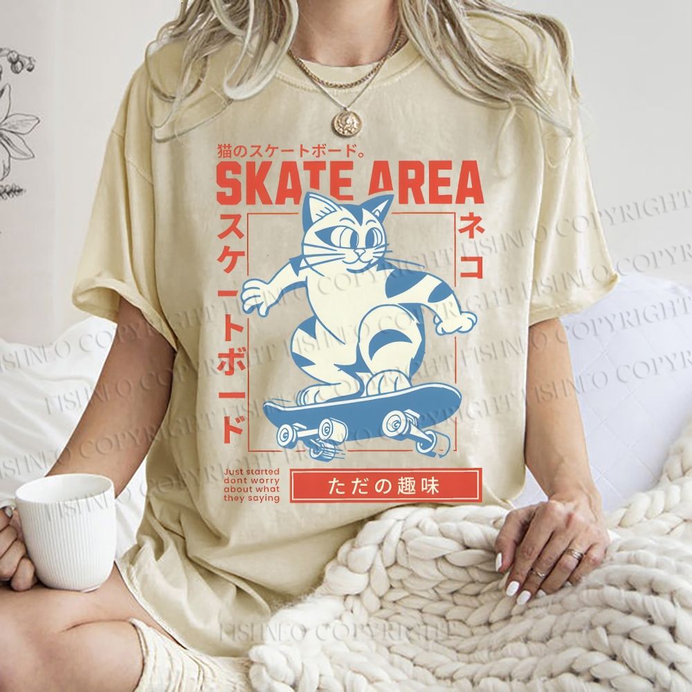 Unisex Skateboard Cat Printed Washed Tee