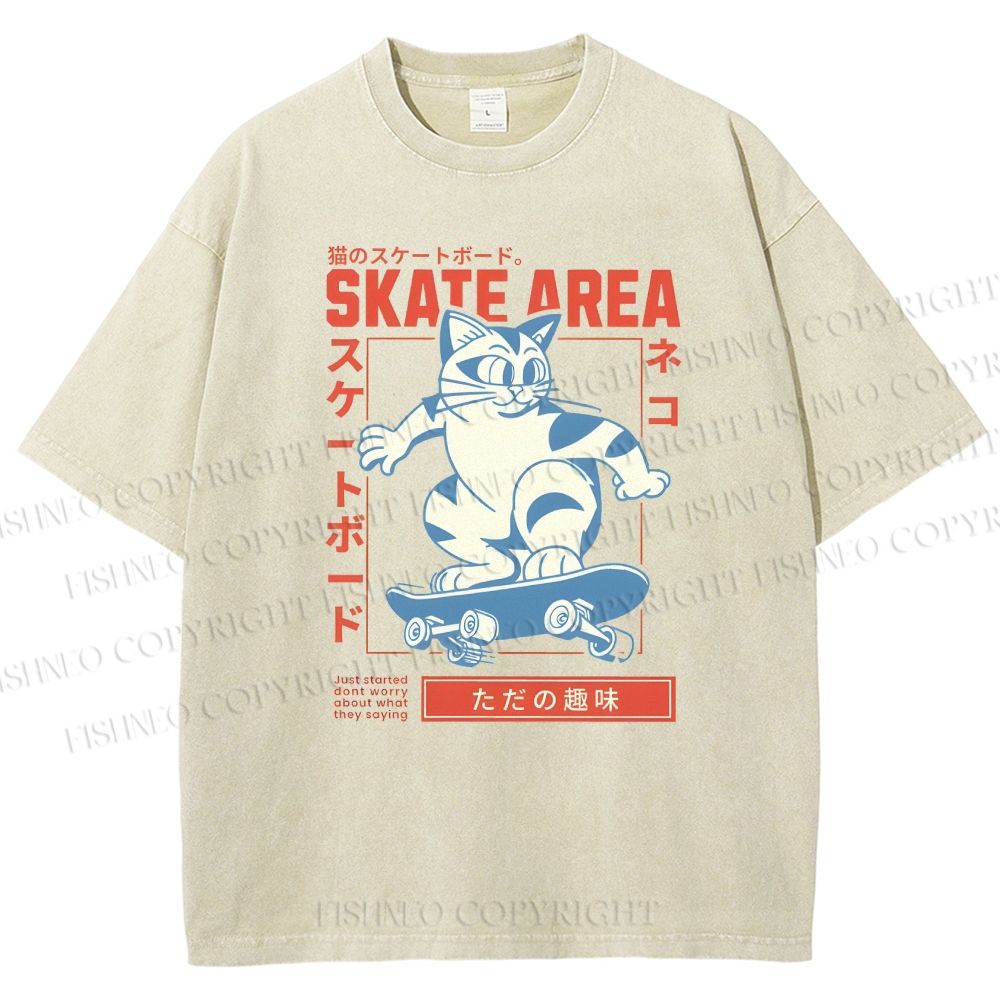 Unisex Skateboard Cat Printed Washed Tee