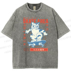 Unisex Skateboard Cat Printed Washed Tee