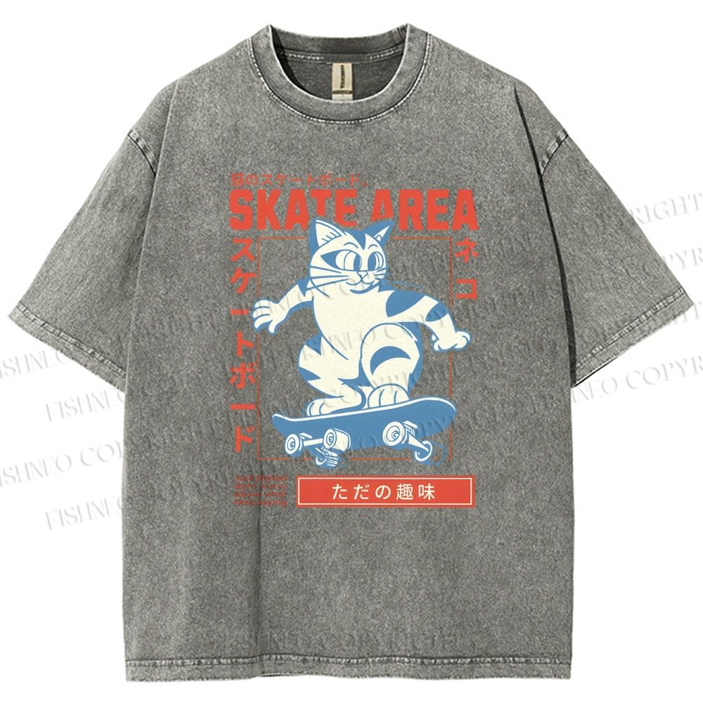 Unisex Skateboard Cat Printed Washed Tee