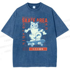 Unisex Skateboard Cat Printed Washed Tee