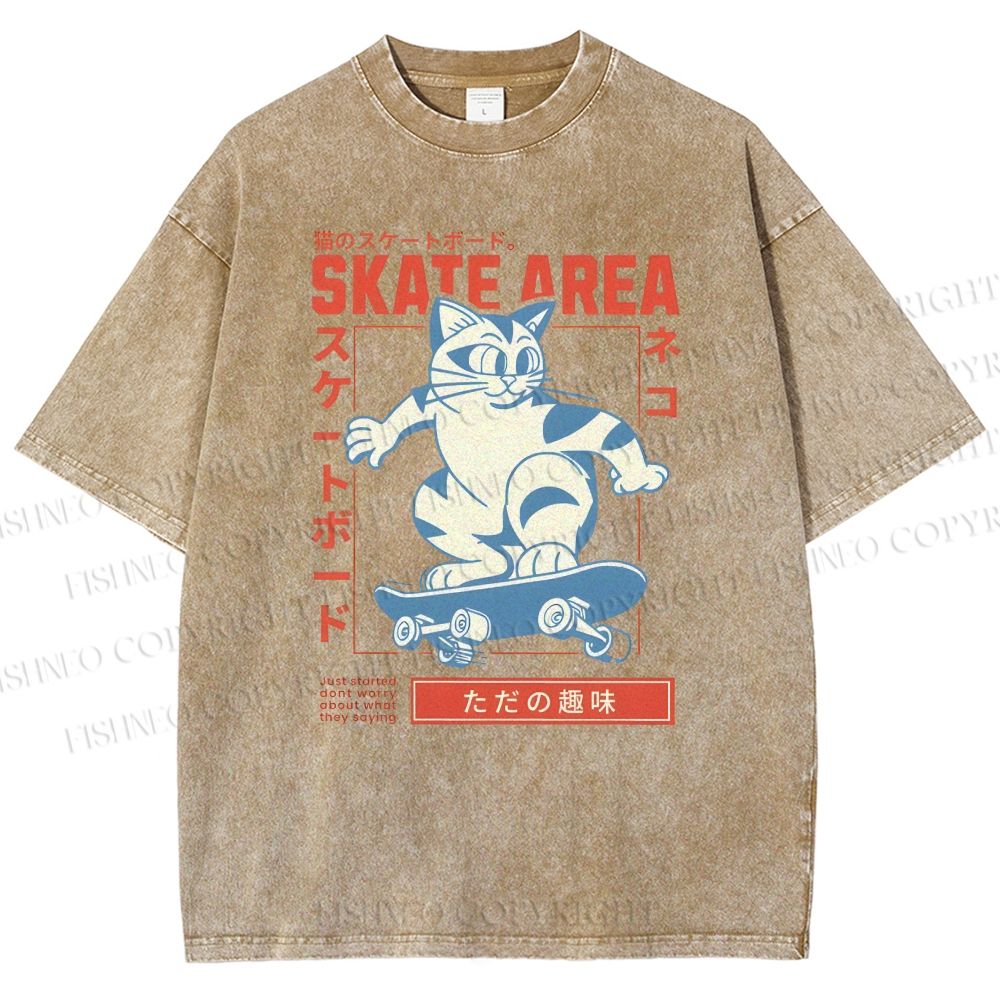 Unisex Skateboard Cat Printed Washed Tee