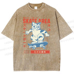 Unisex Skateboard Cat Printed Washed Tee