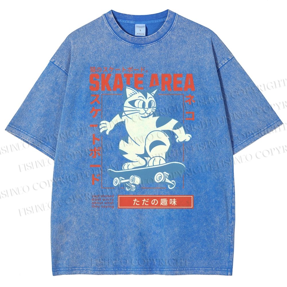 Unisex Skateboard Cat Printed Washed Tee