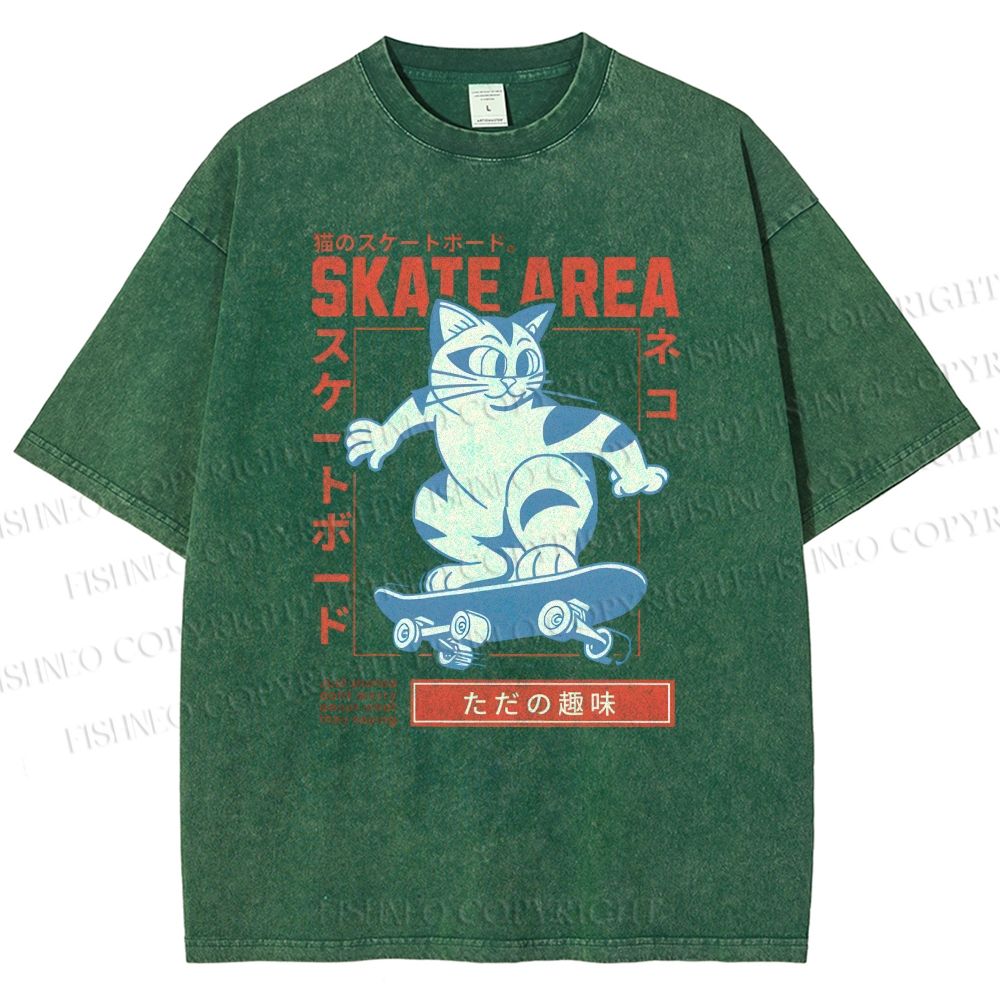 Unisex Skateboard Cat Printed Washed Tee