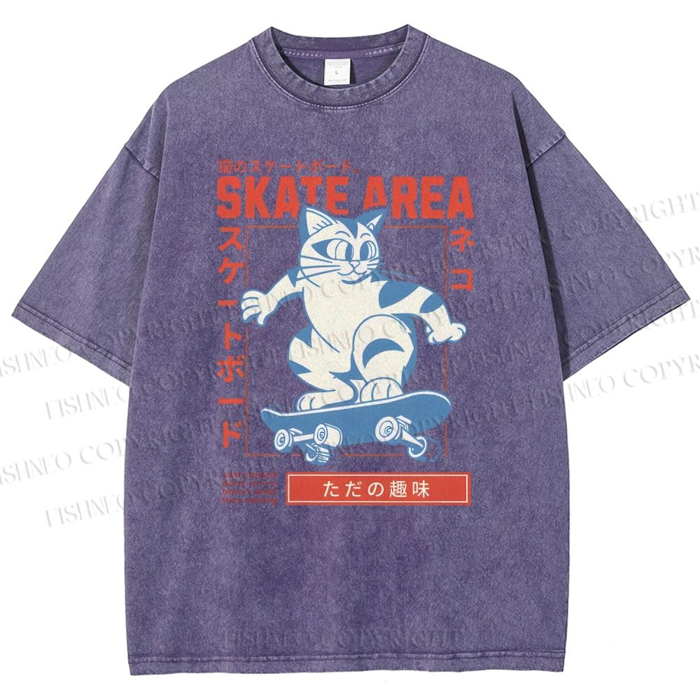 Unisex Skateboard Cat Printed Washed Tee