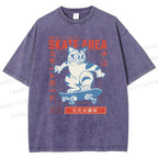 Unisex Skateboard Cat Printed Washed Tee