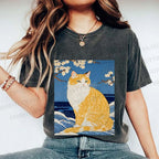 Unisex Japanese Art Cat Printed Washed Tee