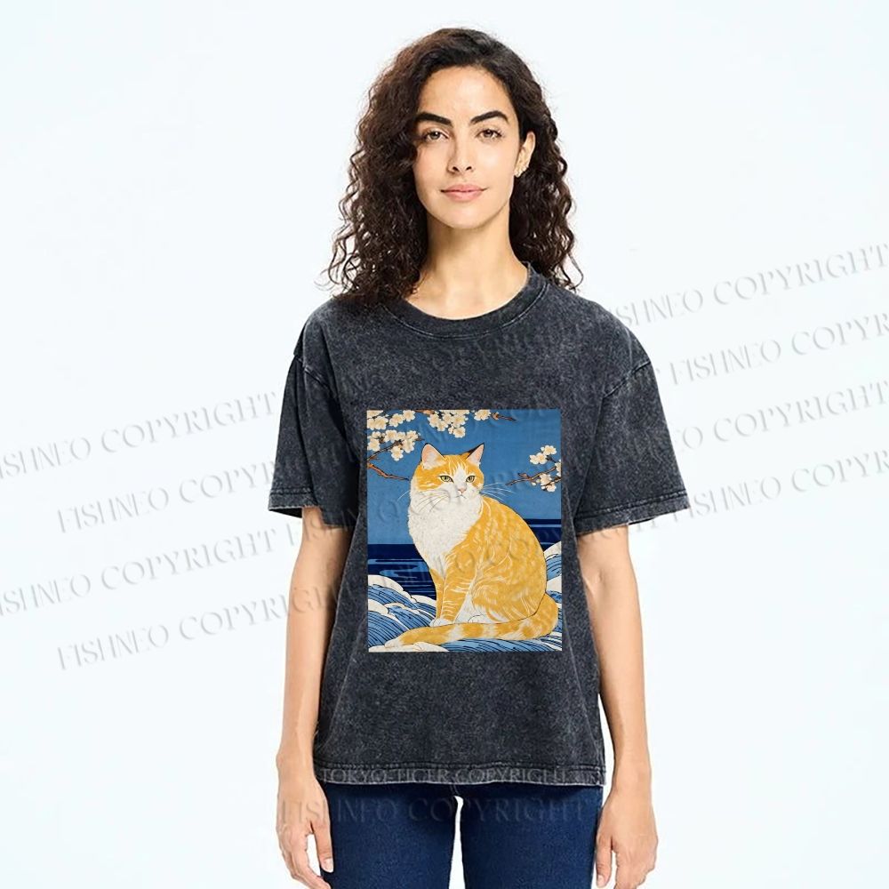 Unisex Japanese Art Cat Printed Washed Tee