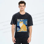 Unisex Japanese Art Cat Printed Washed Tee