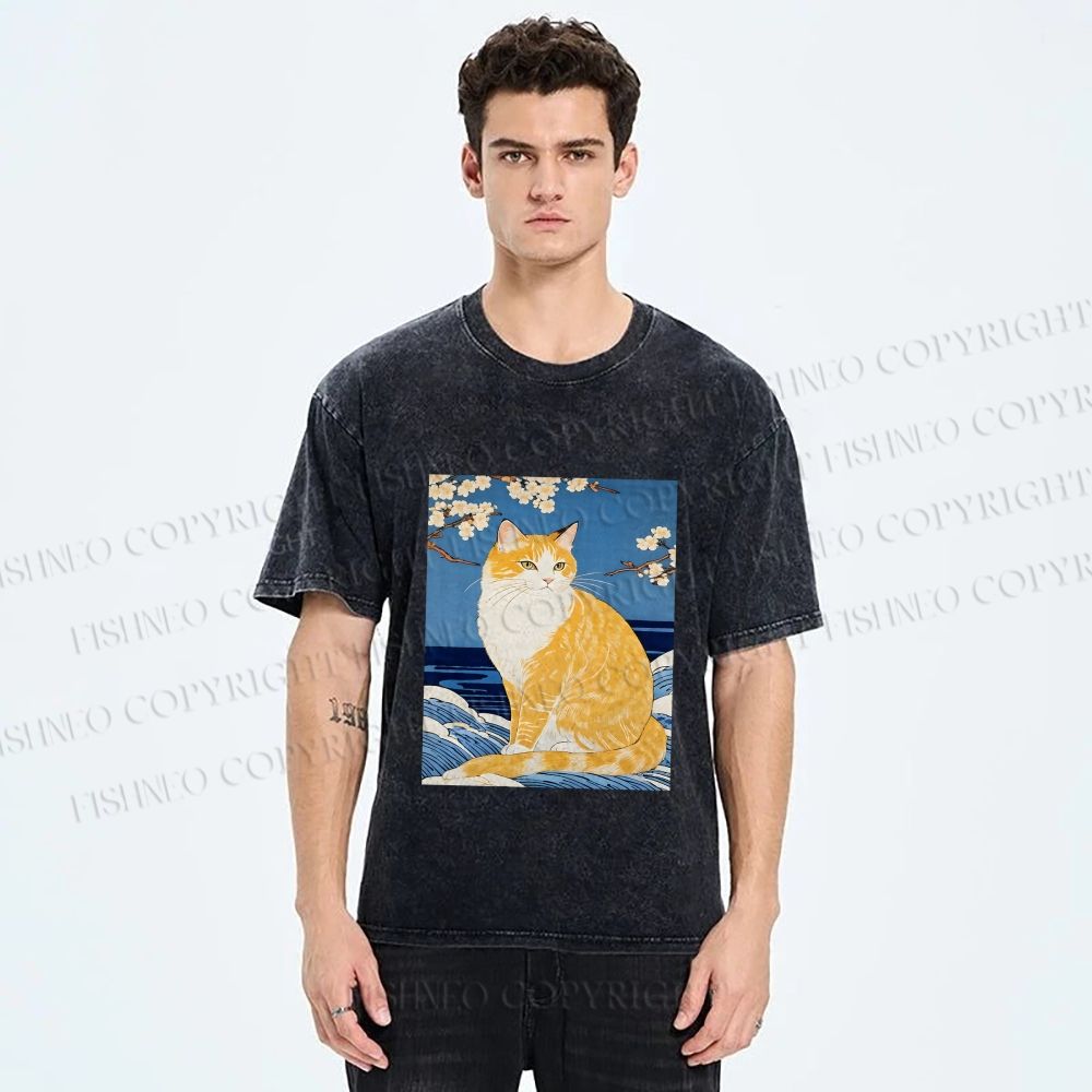 Unisex Japanese Art Cat Printed Washed Tee