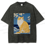Unisex Japanese Art Cat Printed Washed Tee