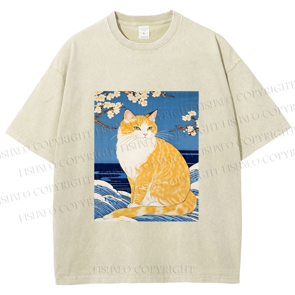Unisex Japanese Art Cat Printed Washed Tee