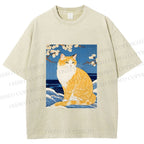 Unisex Japanese Art Cat Printed Washed Tee