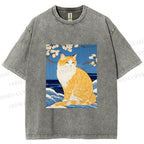 Unisex Japanese Art Cat Printed Washed Tee